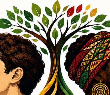 Ceiba ilustrada del emblema de Raíces sin Fronteras, con copa de hojas verdes, rojas y doradas y raíces que descienden.