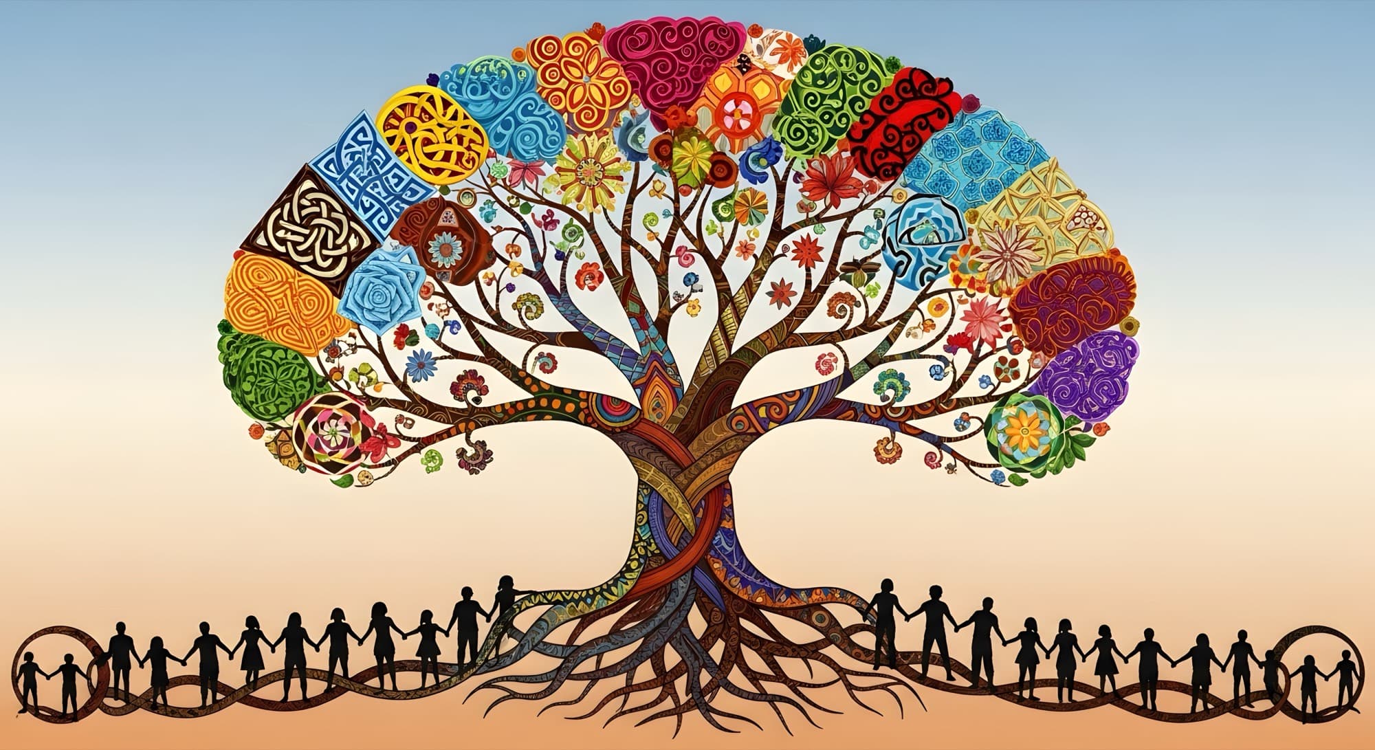 Tree of life with a canopy woven from multicoloured textiles of different cultures and roots that become people holding hands.